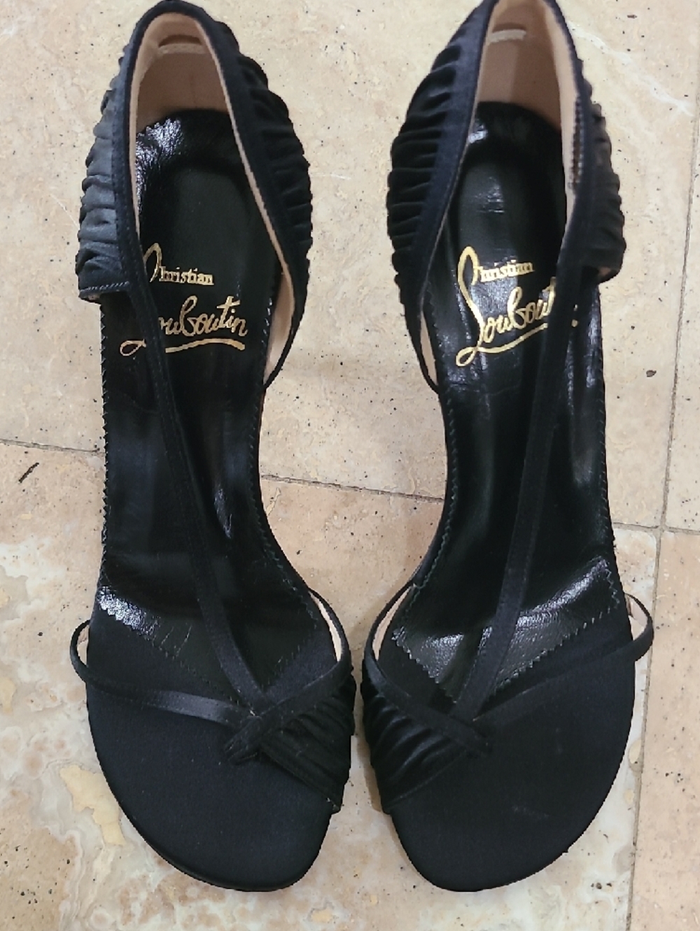 Christian Louboutin Black Satin Ruched Strap Heels RARE MODEL VINTAGE!!.
